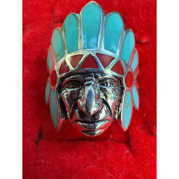 Native American Style Sterling Silver Turquoise & Coral Ring Size 7 - Picture 1 of 5